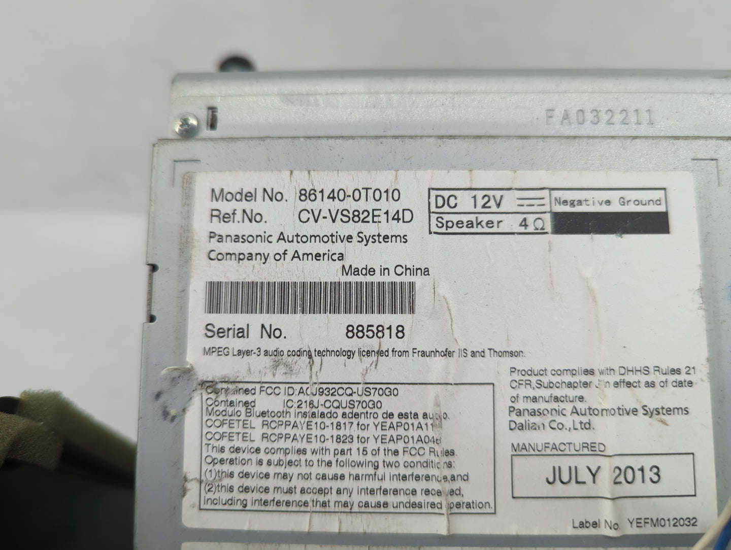 2013-2014 Toyota Venza Radio AM FM Cd Player Receiver Replacement P/N:68140-0T010 Fits Fits 2013 2014 OEM Used Auto Parts - 