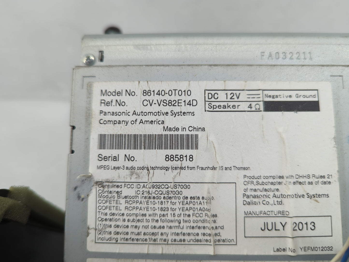 2013-2014 Toyota Venza Radio AM FM Cd Player Receiver Replacement P/N:68140-0T010 Fits Fits 2013 2014 OEM Used Auto Parts - 