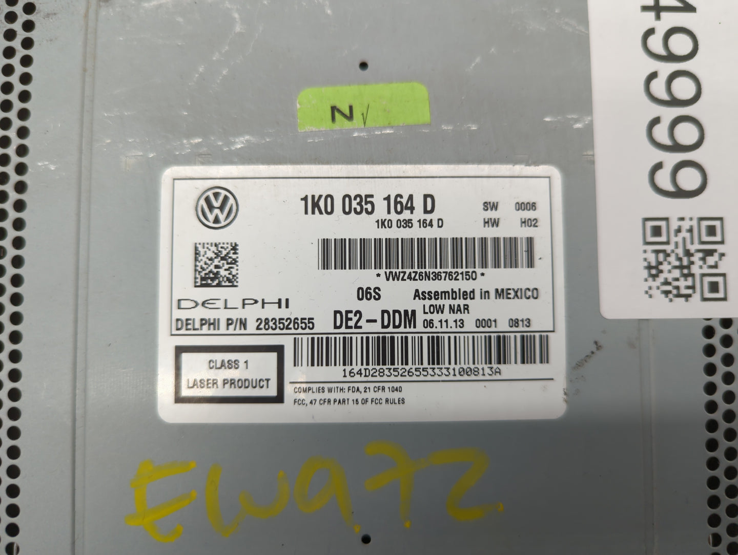 2011-2014 Volkswagen Jetta Radio AM FM Cd Player Receiver Replacement P/N:1K0 035 164 F 1K0035164D Fits OEM Used Auto Parts 