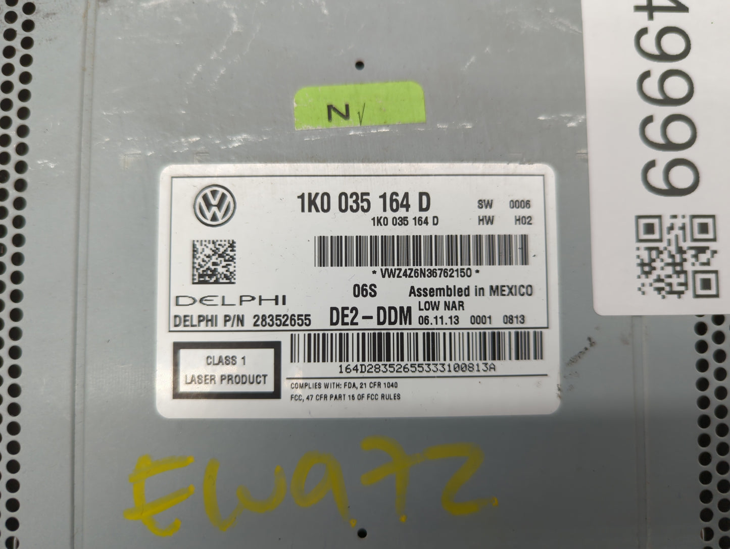 2011-2014 Volkswagen Jetta Radio AM FM Cd Player Receiver Replacement P/N:1K0 035 164 F 1K0035164D Fits OEM Used Auto Parts 
