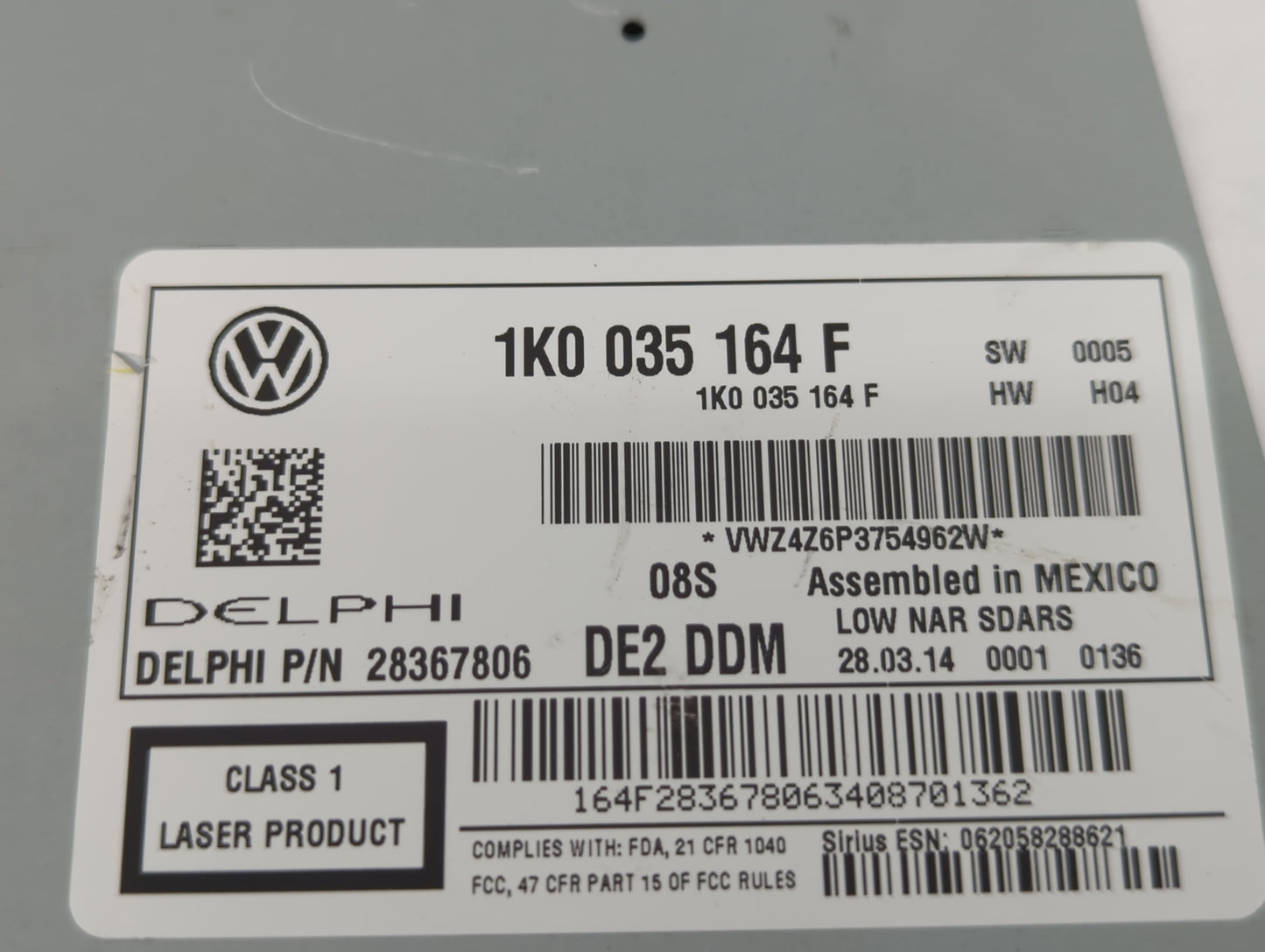 2014 Volkswagen Jetta Radio AM FM Cd Player Receiver Replacement P/N:1K0 035 164 F Fits Fits 2013 2015 OEM Used Auto Parts -