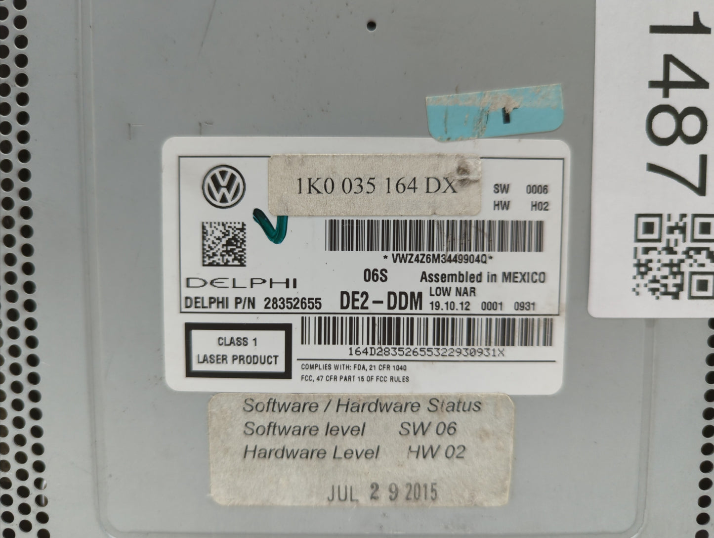 2012-2015 Volkswagen Passat Radio AM FM Cd Player Receiver Replacement P/N:1K0035164D 1K0 035 164 D Fits OEM Used Auto Parts