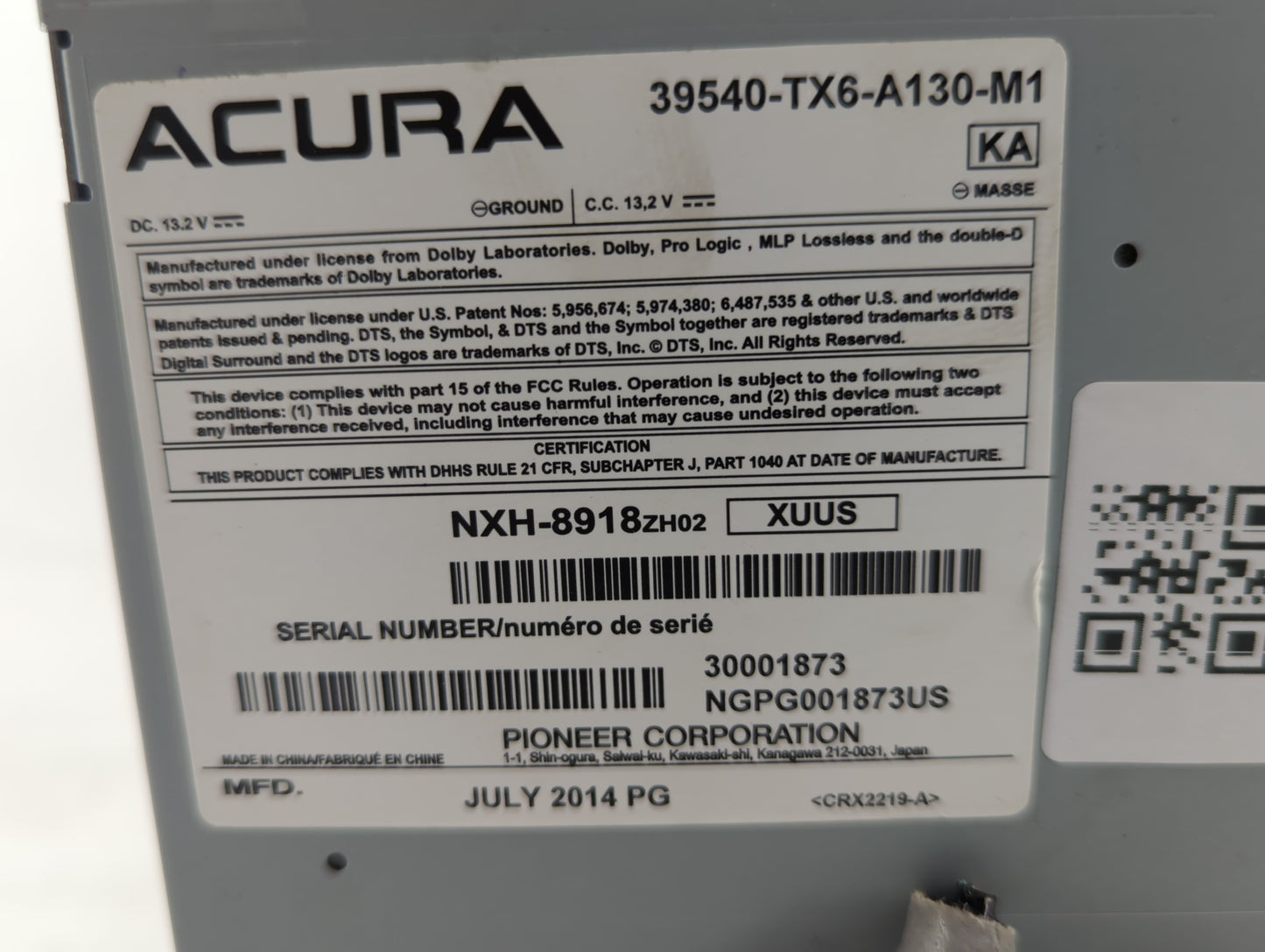 2013-2015 Acura Ilx Radio AM FM Cd Player Receiver Replacement P/N:39540-TX6-A130-M1 Fits Fits 2013 2014 2015 OEM Used Auto 