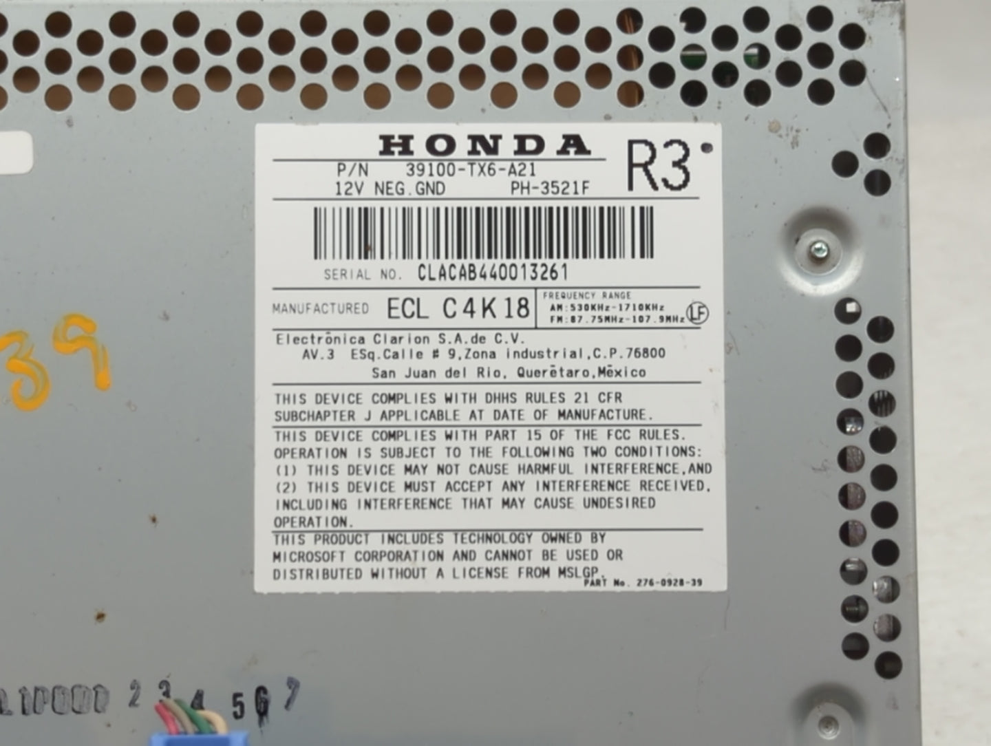 2014-2015 Acura Ilx Radio AM FM Cd Player Receiver Replacement P/N:39100-TX6-A21 Fits Fits 2014 2015 OEM Used Auto Parts - O