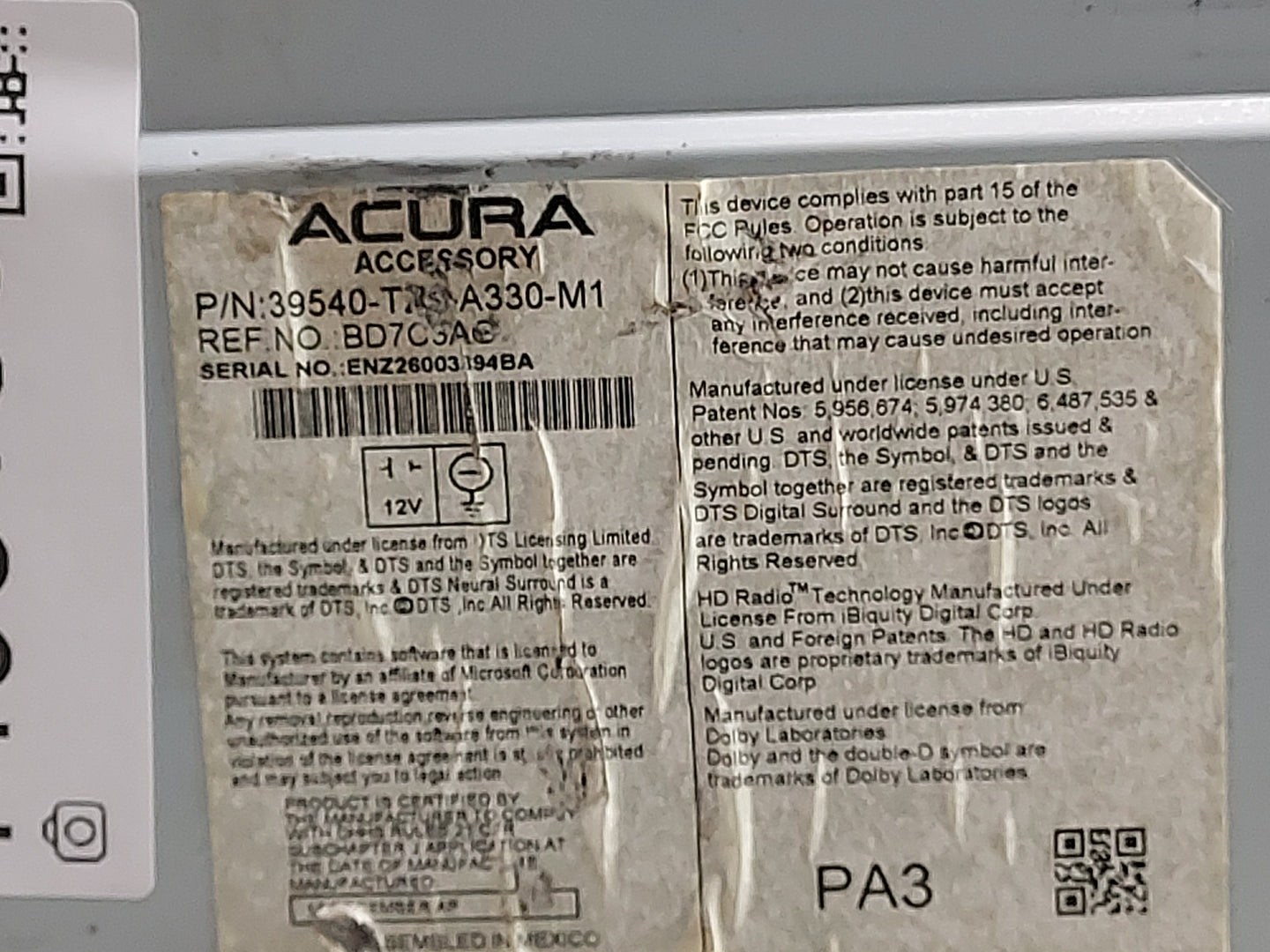 2014-2015 Acura Mdx Radio AM FM Cd Player Receiver Replacement P/N:39540-TX4-A330-M1 BD7C3AC Fits Fits 2014 2015 OEM Used Au