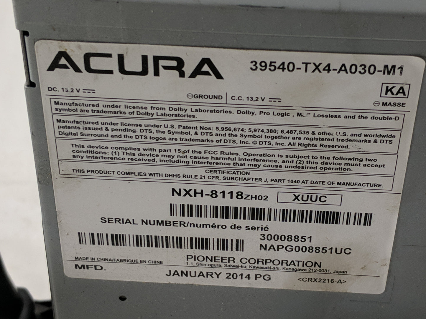 2013-2015 Acura Rdx Radio AM FM Cd Player Receiver Replacement P/N:39540-TX4-A030-M1 Fits Fits 2013 2014 2015 OEM Used Auto 