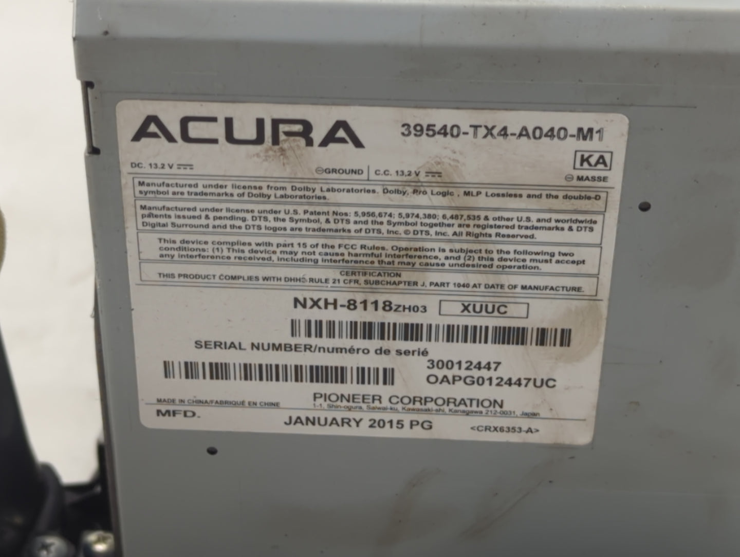 2013-2015 Acura Rdx Radio AM FM Cd Player Receiver Replacement P/N:39540-TX4-A040-M1 Fits Fits 2013 2014 2015 OEM Used Auto 