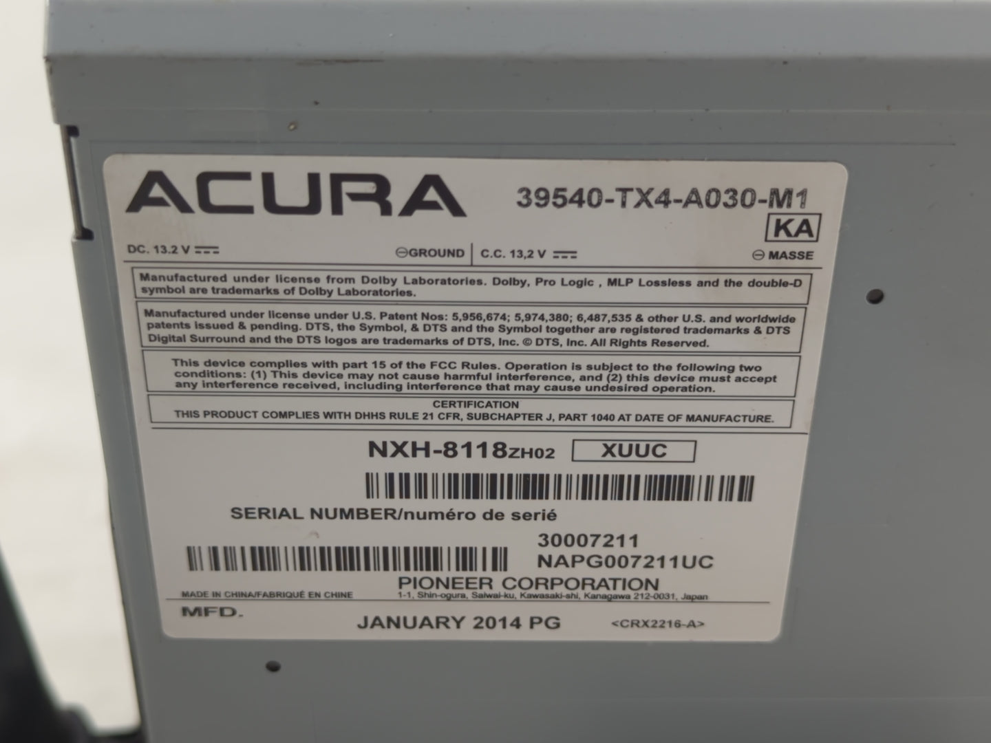 2013-2015 Acura Rdx Radio AM FM Cd Player Receiver Replacement P/N:39540-TX4-A040-M1 Fits Fits 2013 2014 2015 OEM Used Auto 
