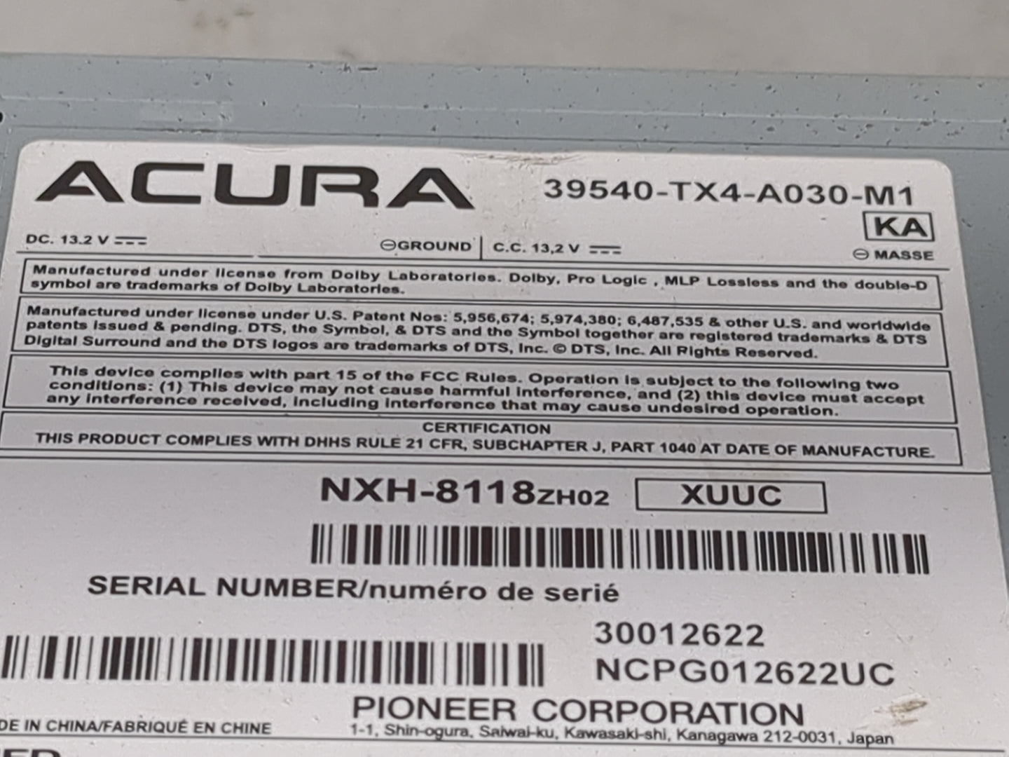 2013-2015 Acura Rdx Radio AM FM Cd Player Receiver Replacement P/N:39540-TX4-A030-M1 NXH-8118ZH02 Fits Fits 2013 2014 2015 O