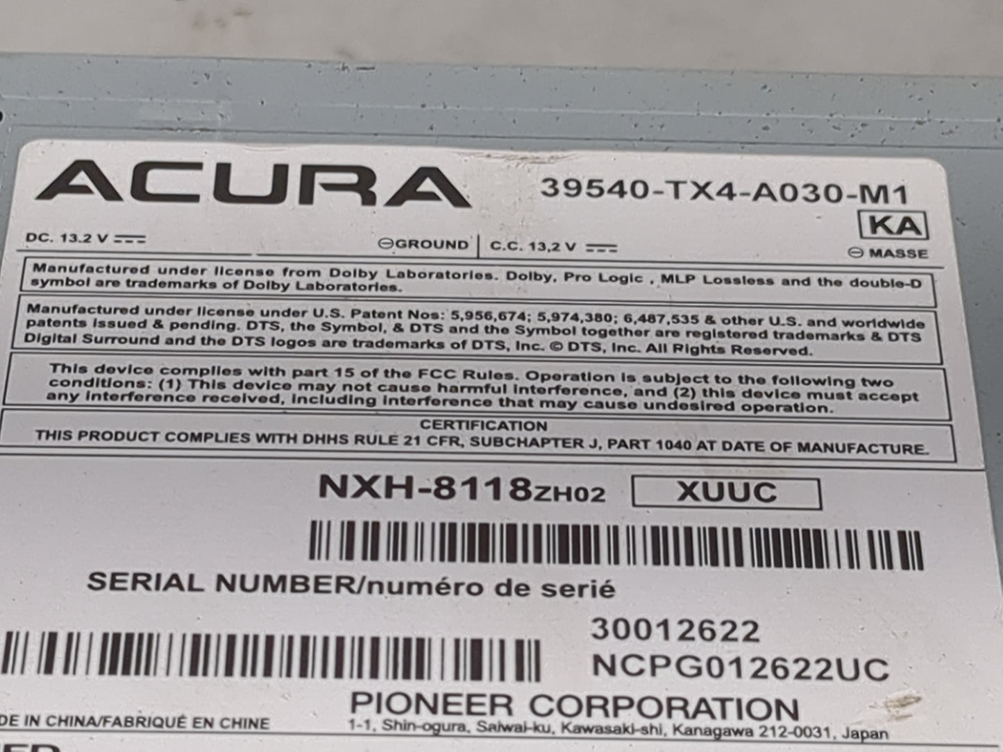2013-2015 Acura Rdx Radio AM FM Cd Player Receiver Replacement P/N:39540-TX4-A030-M1 NXH-8118ZH02 Fits Fits 2013 2014 2015 O