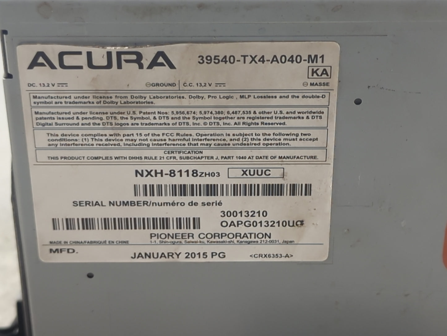 2013-2015 Acura Rdx Radio AM FM Cd Player Receiver Replacement P/N:39540-TX4-A040-M1 NXH-8118ZH03 Fits Fits 2013 2014 2015 O