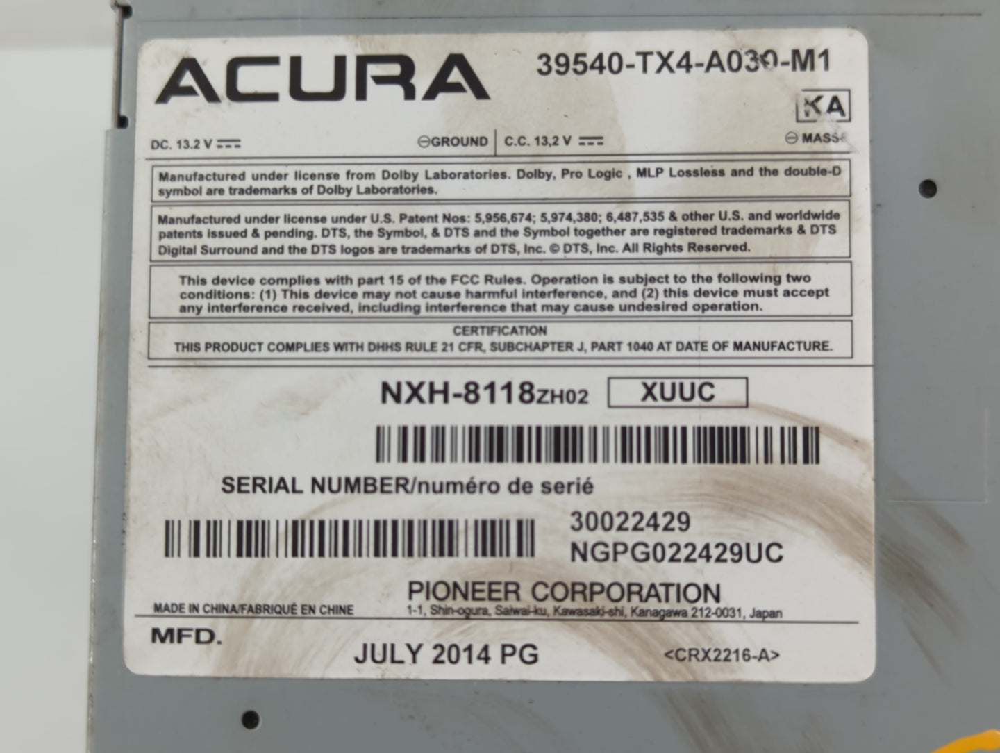2013-2015 Acura Rdx Radio AM FM Cd Player Receiver Replacement P/N:39540-TX4-A030-M1 Fits Fits 2013 2014 2015 OEM Used Auto 