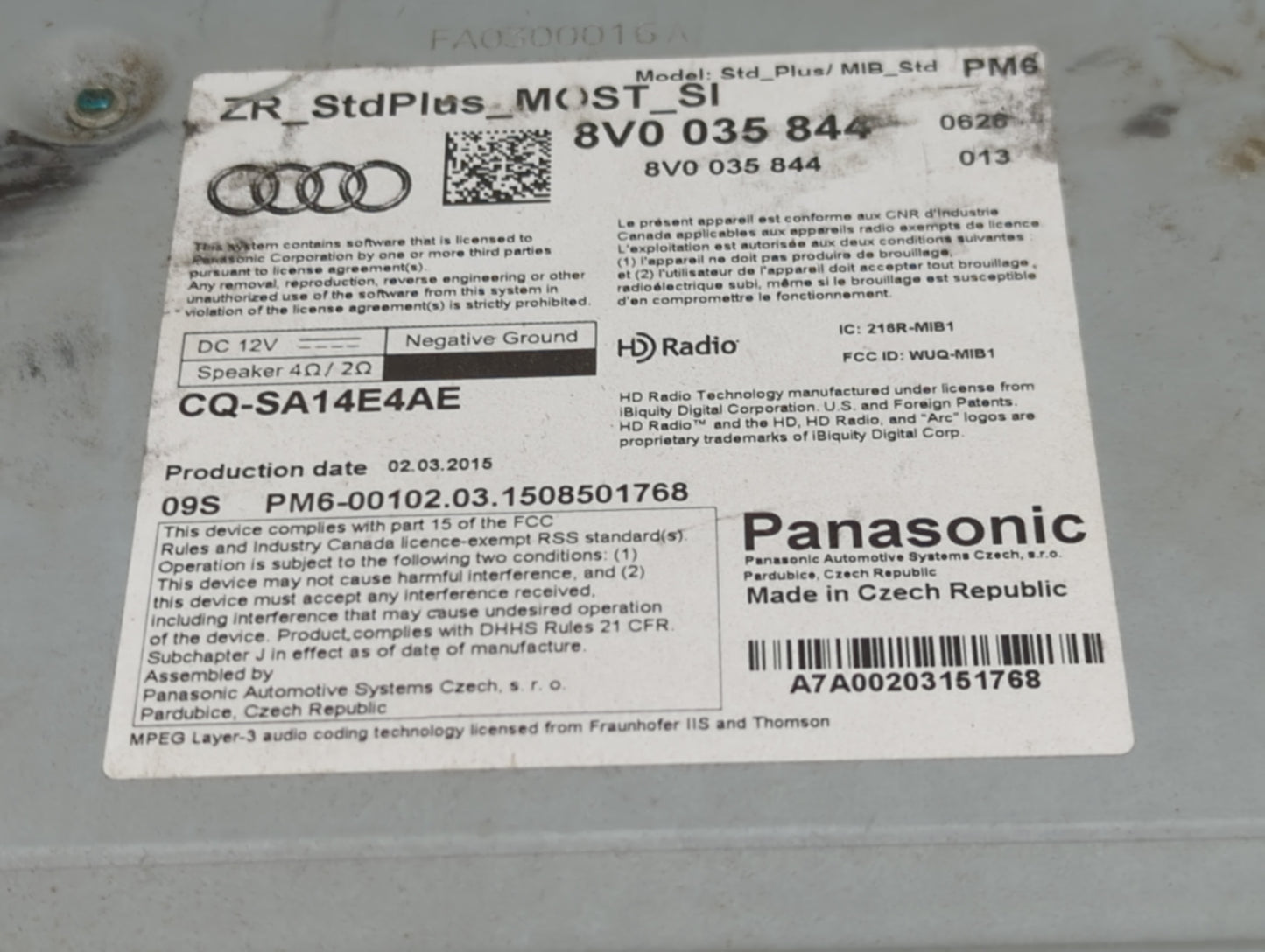2015-2018 Audi A3 Radio AM FM Cd Player Receiver Replacement P/N:8V0 035 844 CQ-SA14E4AE Fits Fits 2015 2016 2017 2018 OEM U