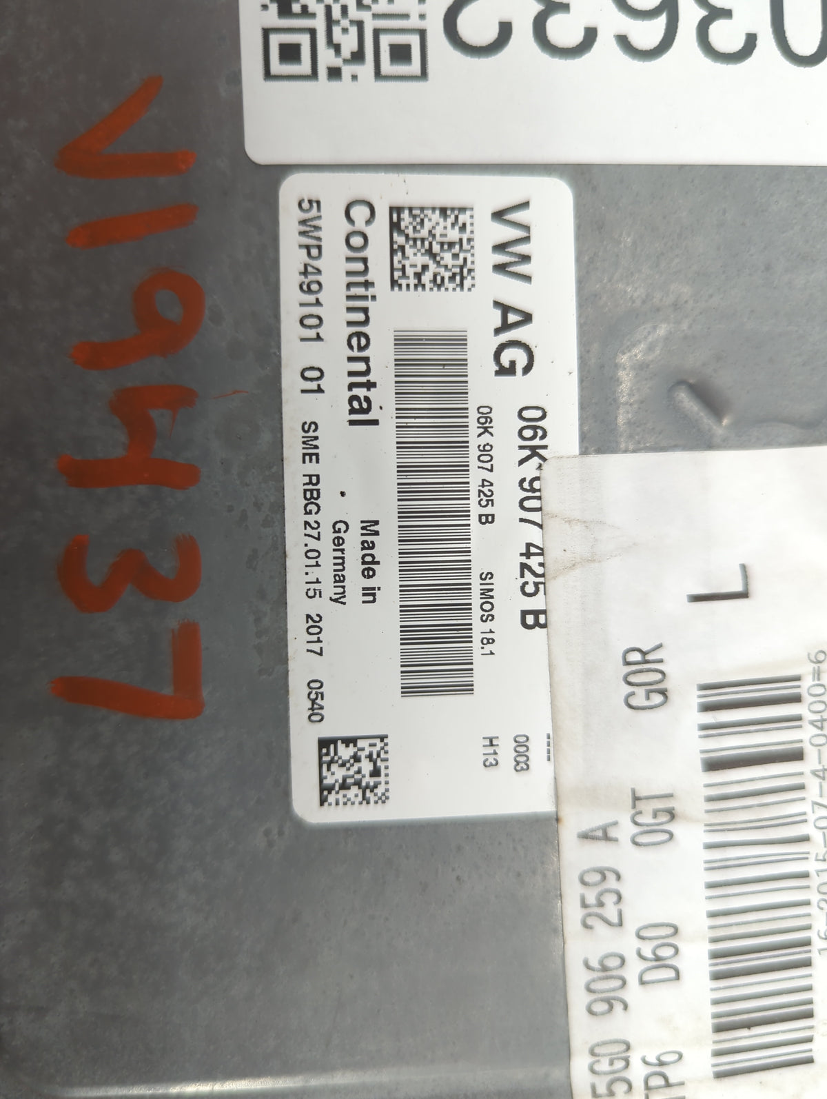 2015 Audi A3 PCM Engine Control Computer ECU ECM PCU OEM P/N:06K907425B 5WP4910101, 5G0906259A Fits Fits 2016 2017 OEM Used 
