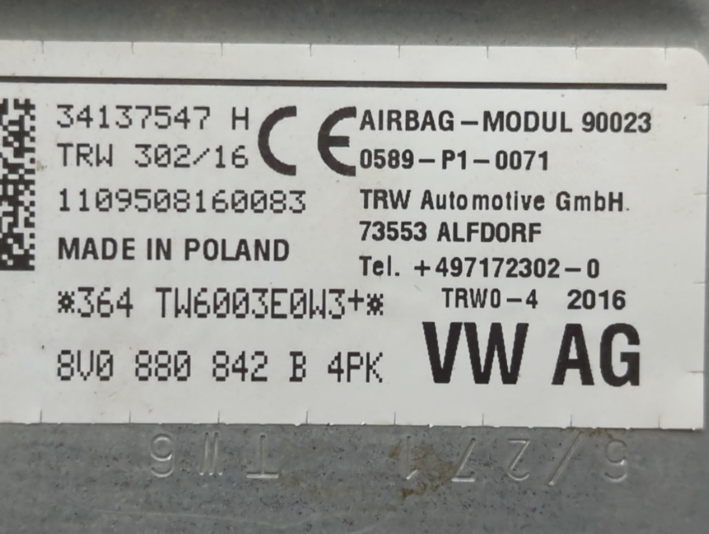 2015-2018 Audi A3 Air Bag Passenger Right Dashboard Oem - Oemusedautoparts1.com