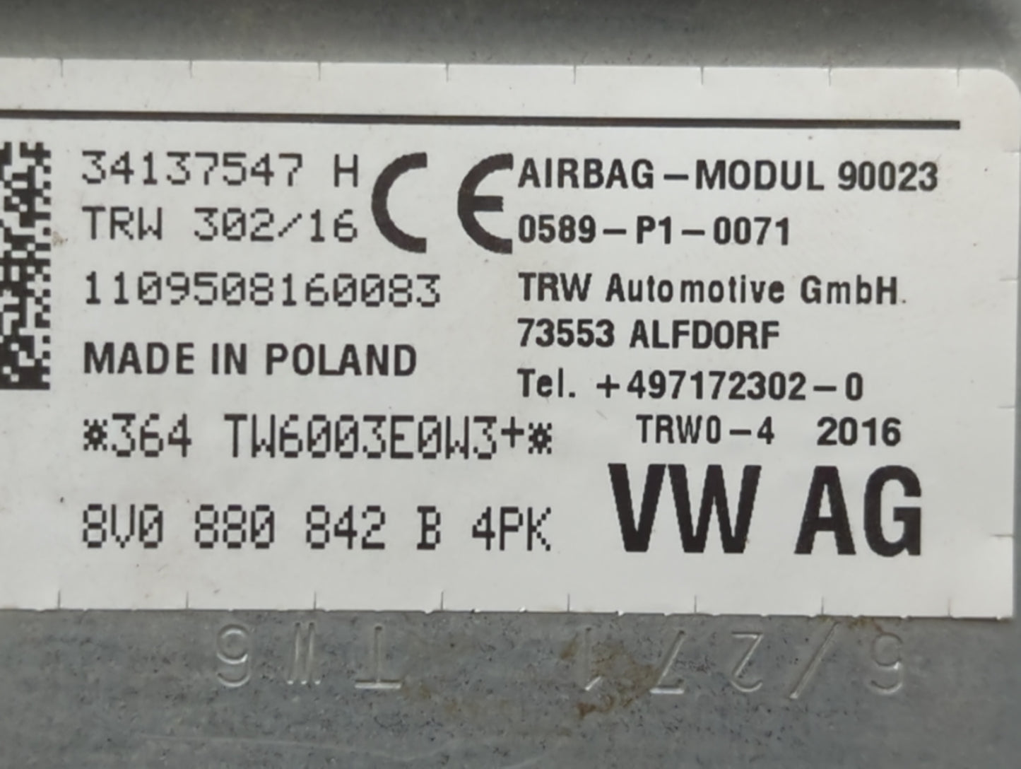 2015-2018 Audi A3 Air Bag Passenger Right Dashboard Oem - Oemusedautoparts1.com