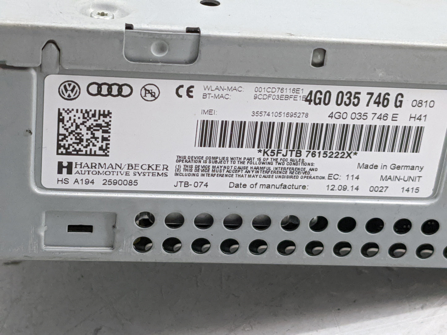 2012-2015 Audi A6 Radio AM FM Cd Player Receiver Replacement P/N:4G0 035 746 G Fits Fits 2012 2013 2014 2015 OEM Used Auto P