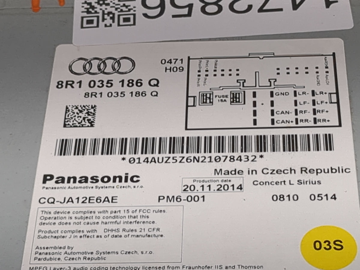 2015 Audi S5 Radio AM FM Cd Player Receiver Replacement P/N:8R1035186Q CQ-JA12E6AE Fits OEM Used Auto Parts - Oemusedautopar