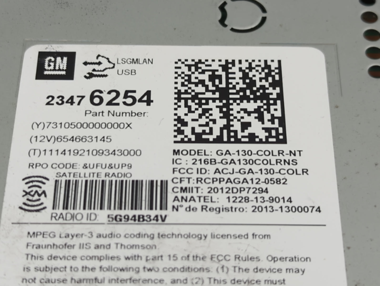2015 Chevrolet Malibu Radio AM FM Cd Player Receiver Replacement P/N:23476254 GA-130-COLR-NT, ACJ-GA-130-COLR Fits OEM Used 