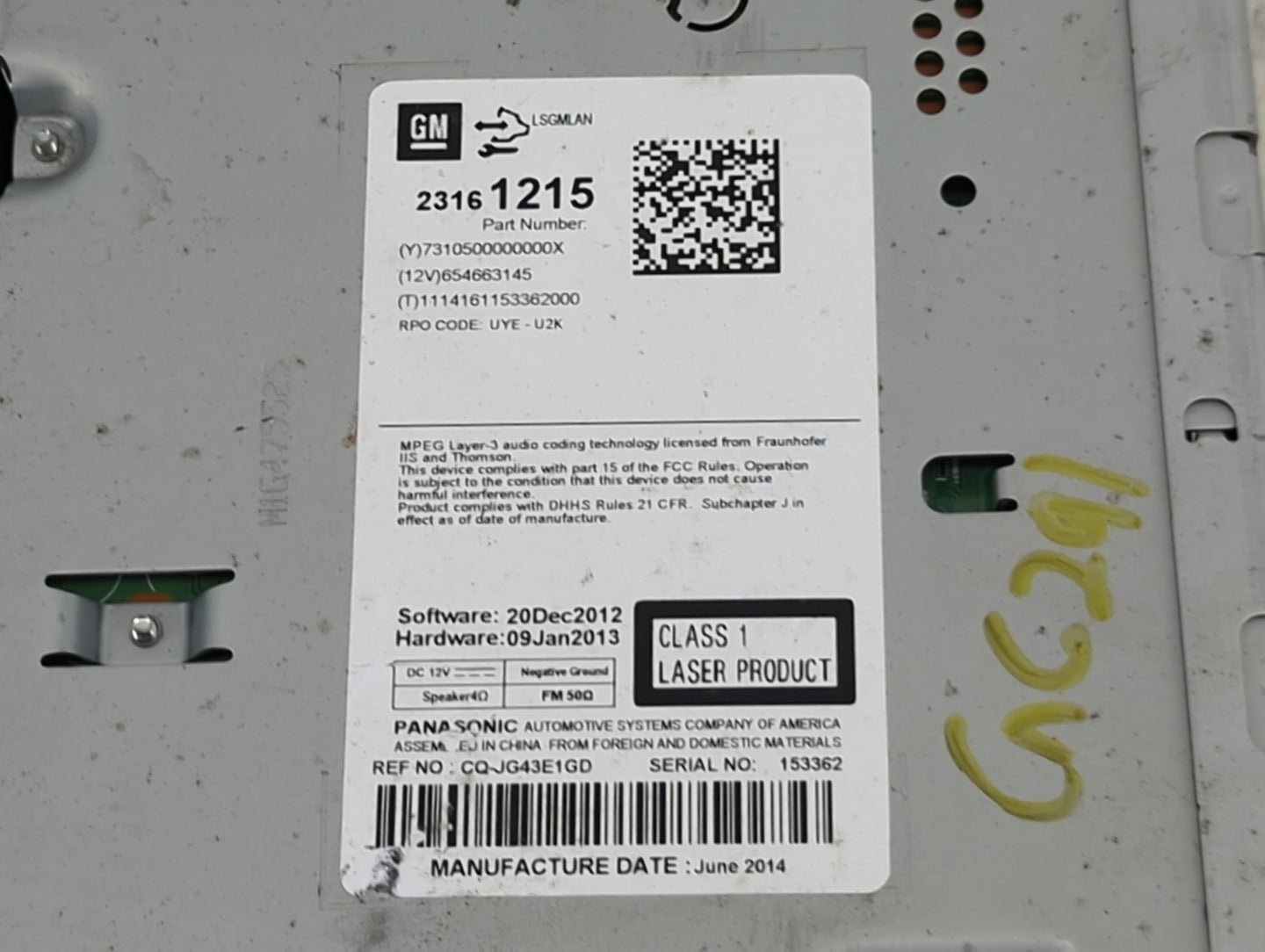 2014-2016 Chevrolet Malibu Radio AM FM Cd Player Receiver Replacement P/N:23161215 CQ-JG43E1GD Fits Fits 2014 2015 2016 OEM 