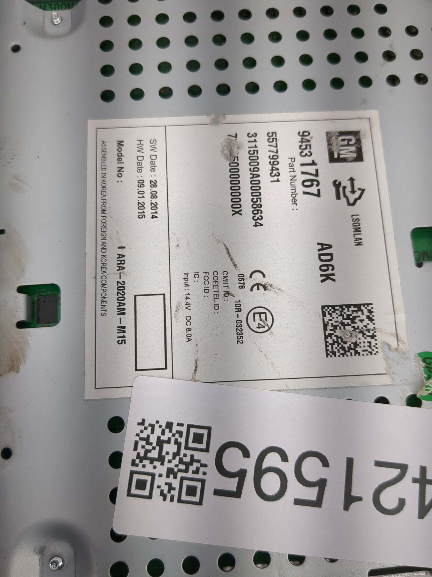 2015 Chevrolet Spark Radio AM FM Cd Player Receiver Replacement P/N:94531767 Fits OEM Used Auto Parts - Oemusedautoparts1.co