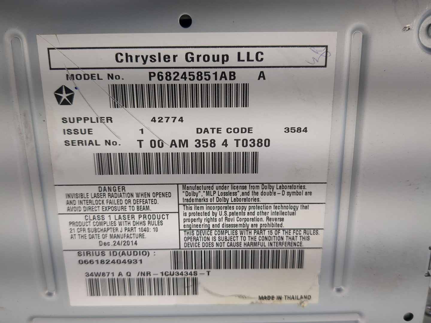 2012-2016 Chrysler Town & Country Radio AM FM Cd Player Receiver Replacement P/N:68245851AB Fits OEM Used Auto Parts - Oemus