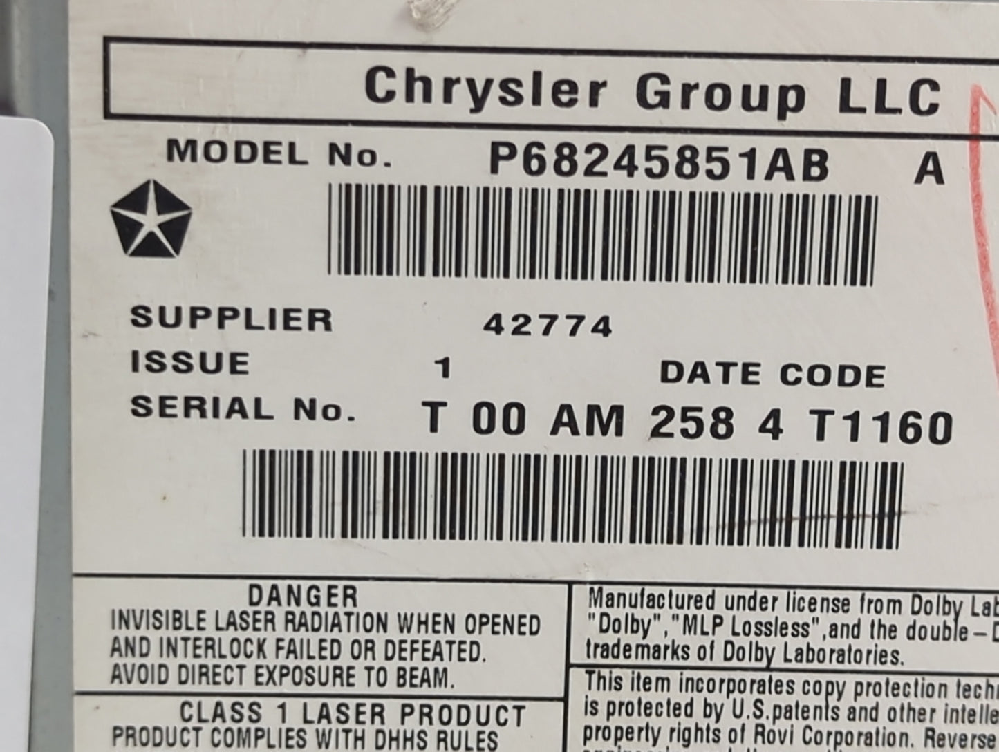 2012-2016 Chrysler Town & Country Radio AM FM Cd Player Receiver Replacement P/N:P68245851AB Fits OEM Used Auto Parts - Oemu