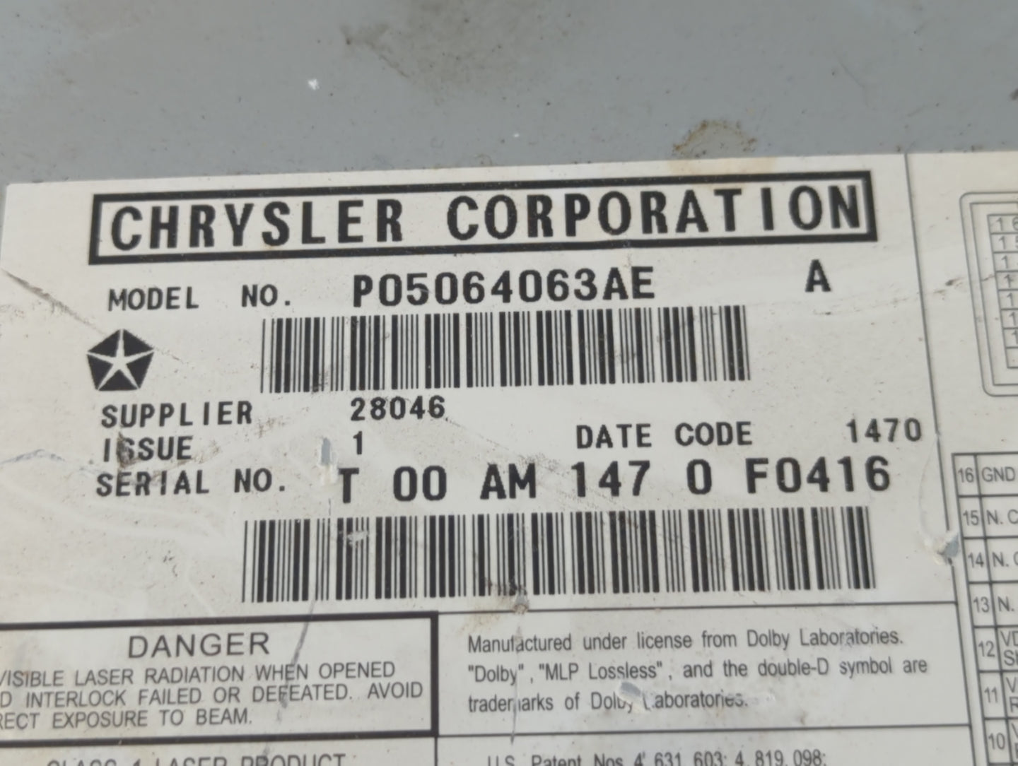 2012-2016 Chrysler Town & Country Radio AM FM Cd Player Receiver Replacement P/N:P05064063AE Fits OEM Used Auto Parts - Oemu
