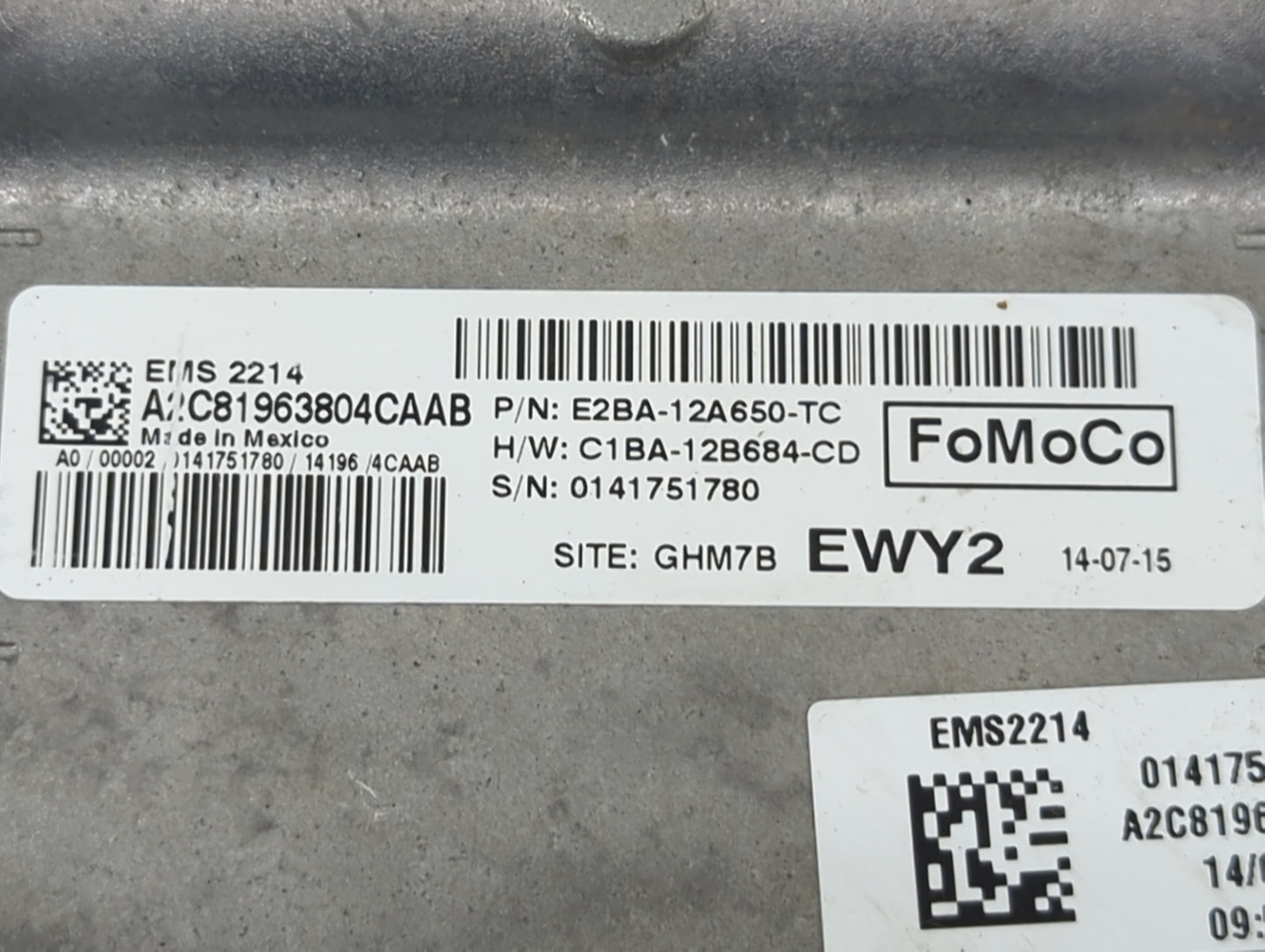 2014-2015 Ford Fiesta PCM Engine Control Computer ECU ECM PCU OEM P/N:E2BA-12A650-TC C1BA-12B684-CD Fits Fits 2014 2015 OEM 
