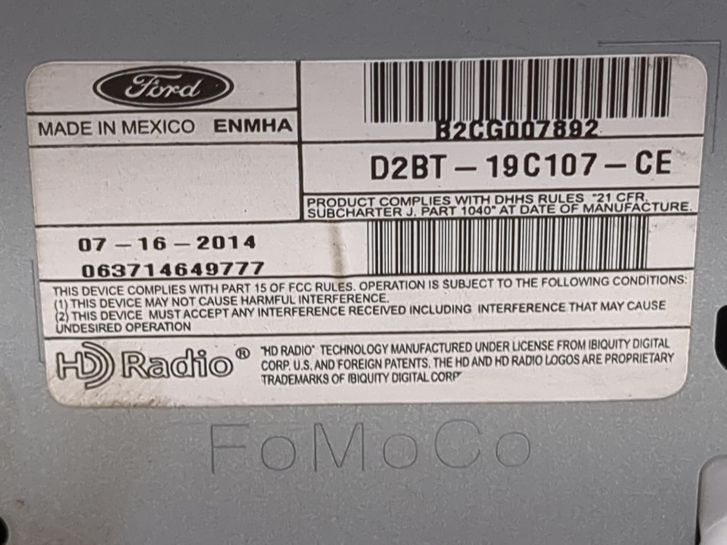 2014-2015 Ford Fiesta Radio AM FM Cd Player Receiver Replacement P/N:D2BT-19C107-CE B2CG007892 Fits Fits 2014 2015 OEM Used 