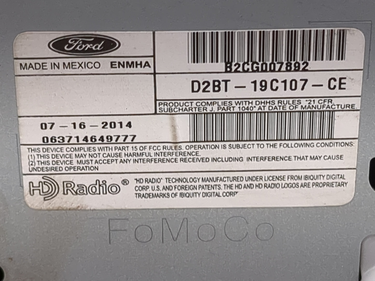 2014-2015 Ford Fiesta Radio AM FM Cd Player Receiver Replacement P/N:D2BT-19C107-CE B2CG007892 Fits Fits 2014 2015 OEM Used 