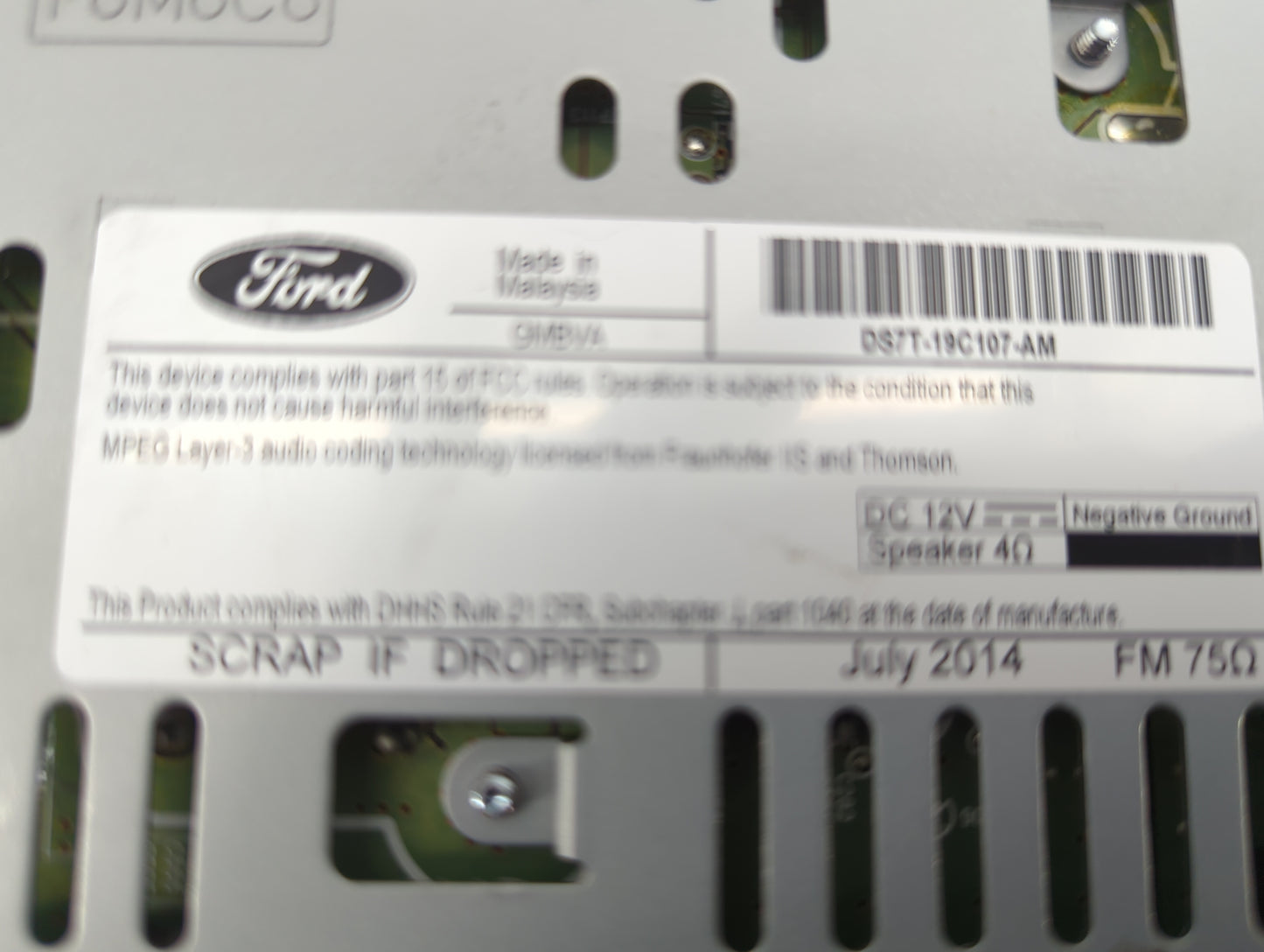 2013-2015 Ford Fusion Radio AM FM Cd Player Receiver Replacement P/N:DS7T-19C107-AM Fits Fits 2013 2014 2015 OEM Used Auto P