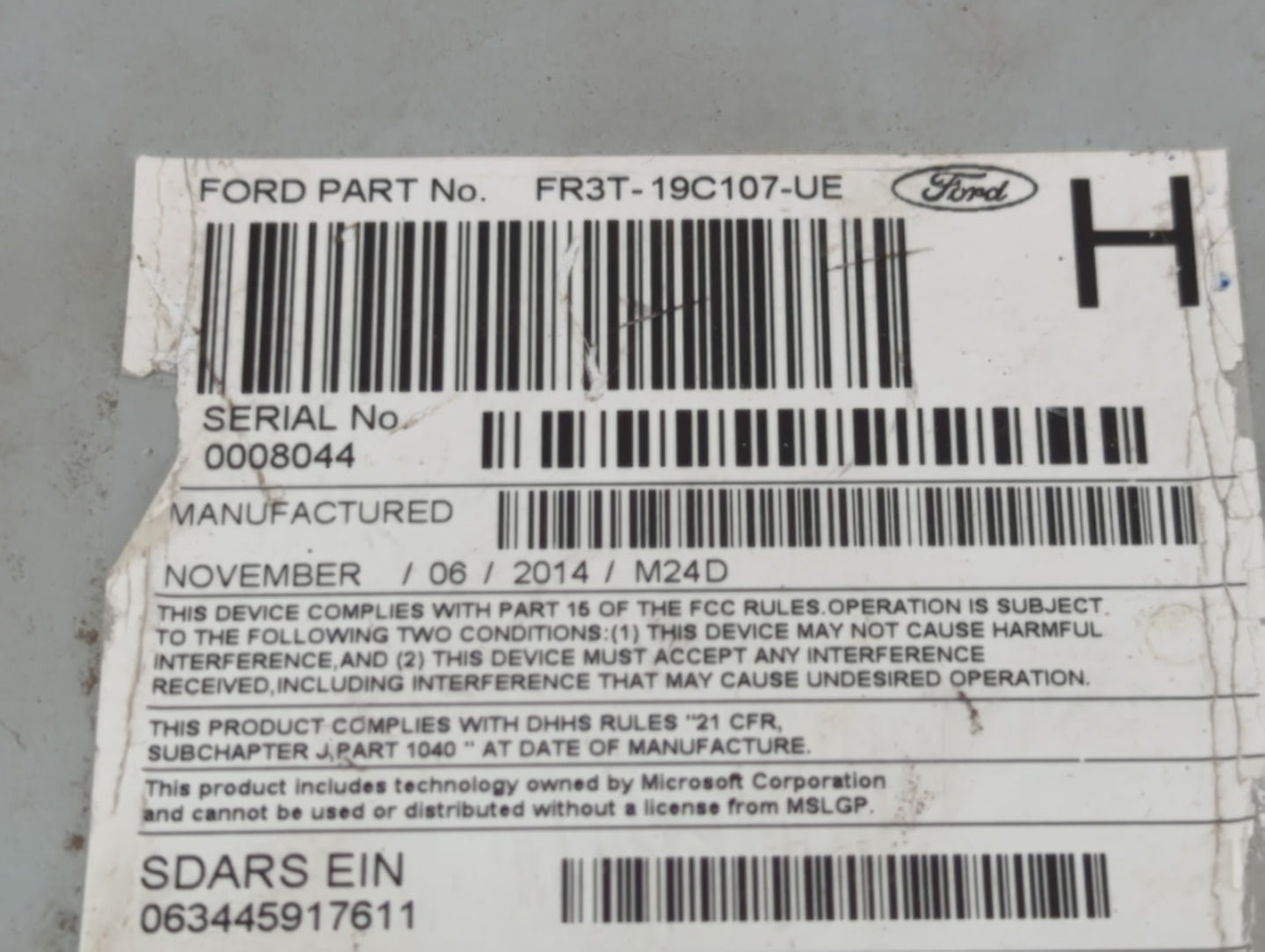 2015 Ford Mustang Radio AM FM Cd Player Receiver Replacement P/N:FR3T-19C107-UE Fits OEM Used Auto Parts - Oemusedautoparts1