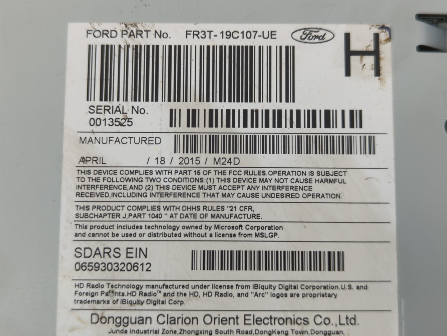 2015 Ford Mustang Radio AM FM Cd Player Receiver Replacement P/N:FR3T-19C107-UE Fits OEM Used Auto Parts - Oemusedautoparts1