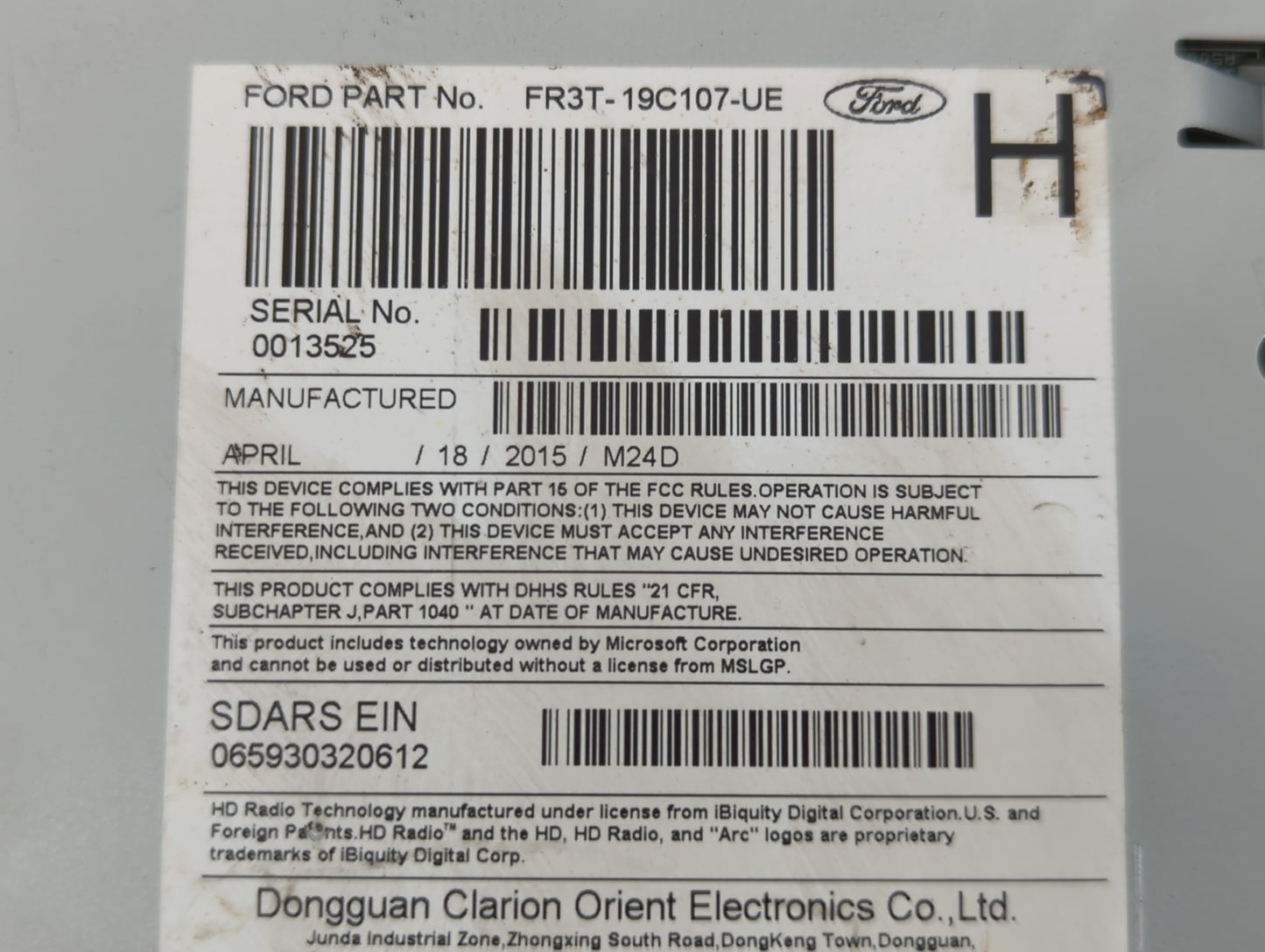 2015 Ford Mustang Radio AM FM Cd Player Receiver Replacement P/N:FR3T-19C107-UE Fits OEM Used Auto Parts - Oemusedautoparts1
