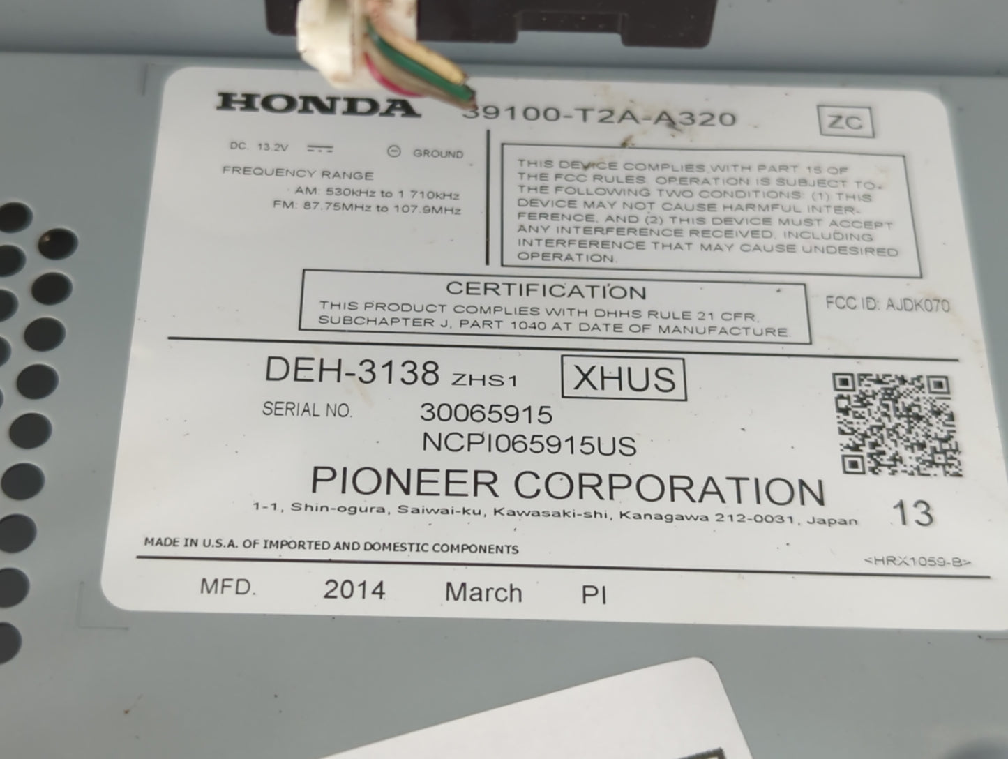 2013-2015 Honda Accord Radio AM FM Cd Player Receiver Replacement P/N:39100=-T2A-A320 Fits Fits 2013 2014 2015 OEM Used Auto