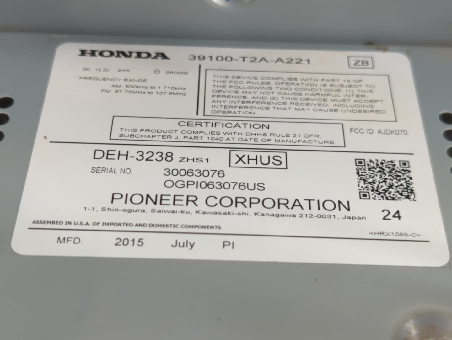 2013-2015 Honda Accord Radio AM FM Cd Player Receiver Replacement P/N:39100-T2A-A221 Fits Fits 2013 2014 2015 OEM Used Auto 