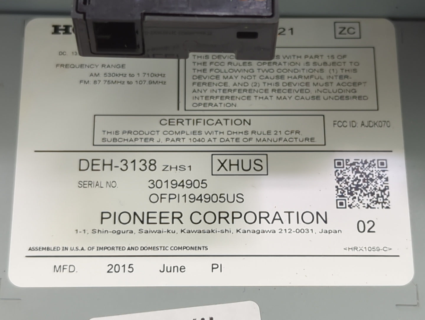 2013-2015 Honda Accord Radio AM FM Cd Player Receiver Replacement P/N:DEH-3138 AJDK070, 30194905 Fits Fits 2013 2014 2015 OE