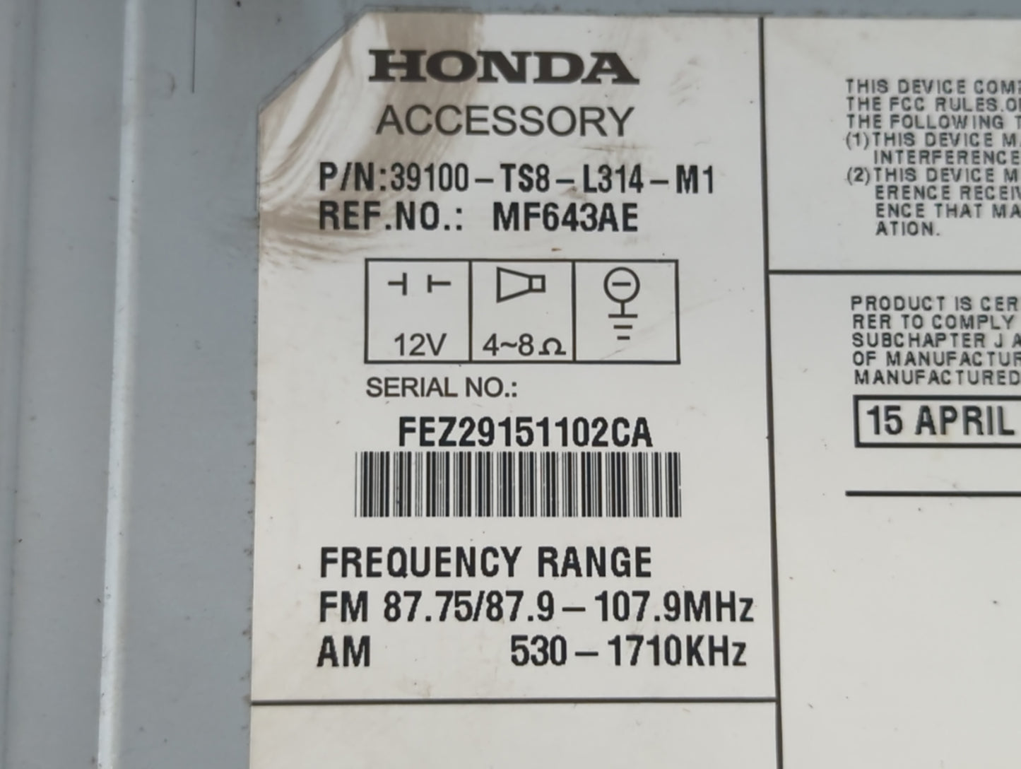 2013-2015 Honda Civic Radio AM FM Cd Player Receiver Replacement P/N:39100-TS8-L314-M1 39100-TR3-A314-M1 Fits Fits 2013 2014