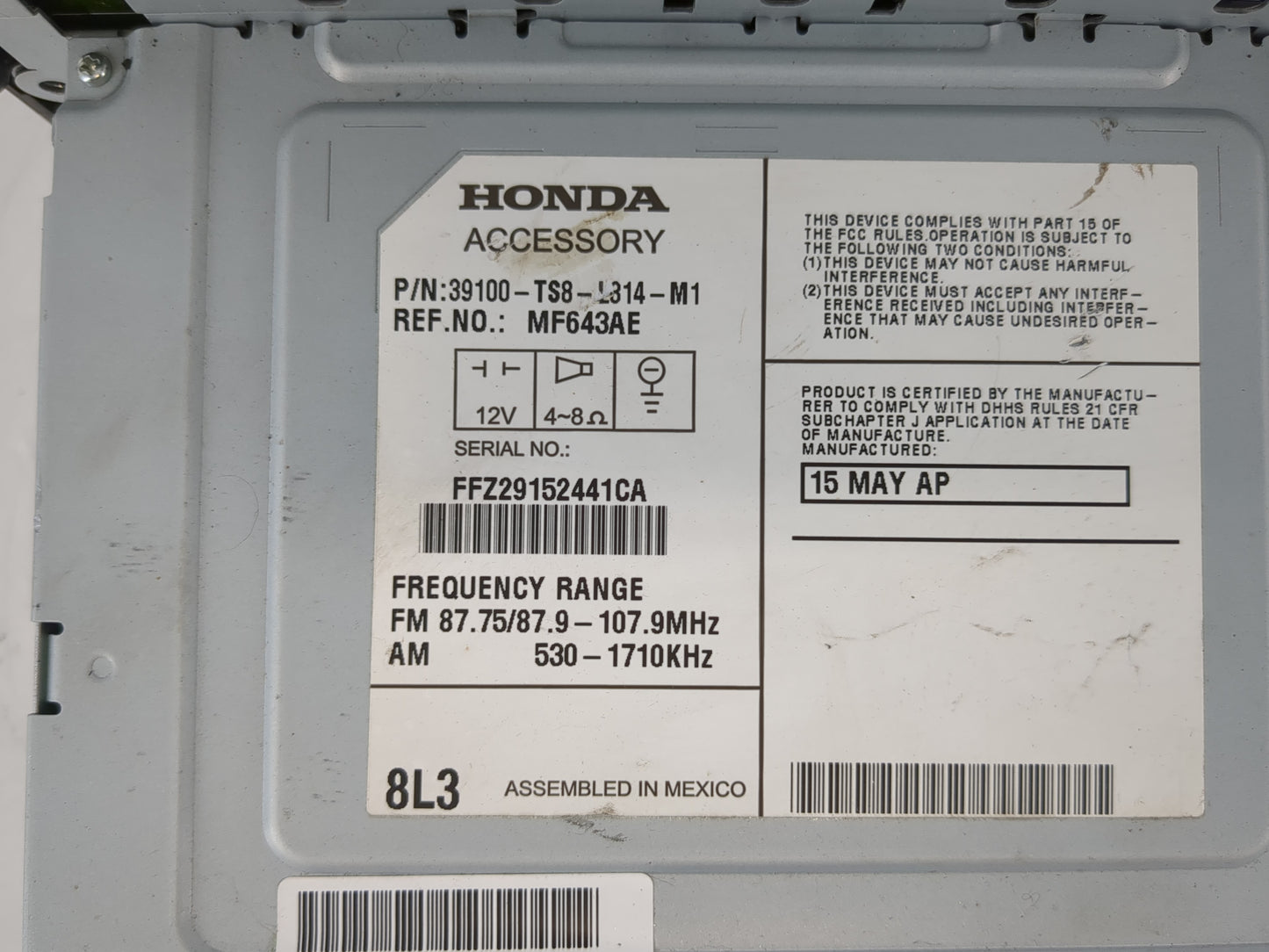 2013-2015 Honda Civic Radio AM FM Cd Player Receiver Replacement P/N:39100-TS8-L314-M1 39100-TR3-A314-M1 Fits Fits 2013 2014