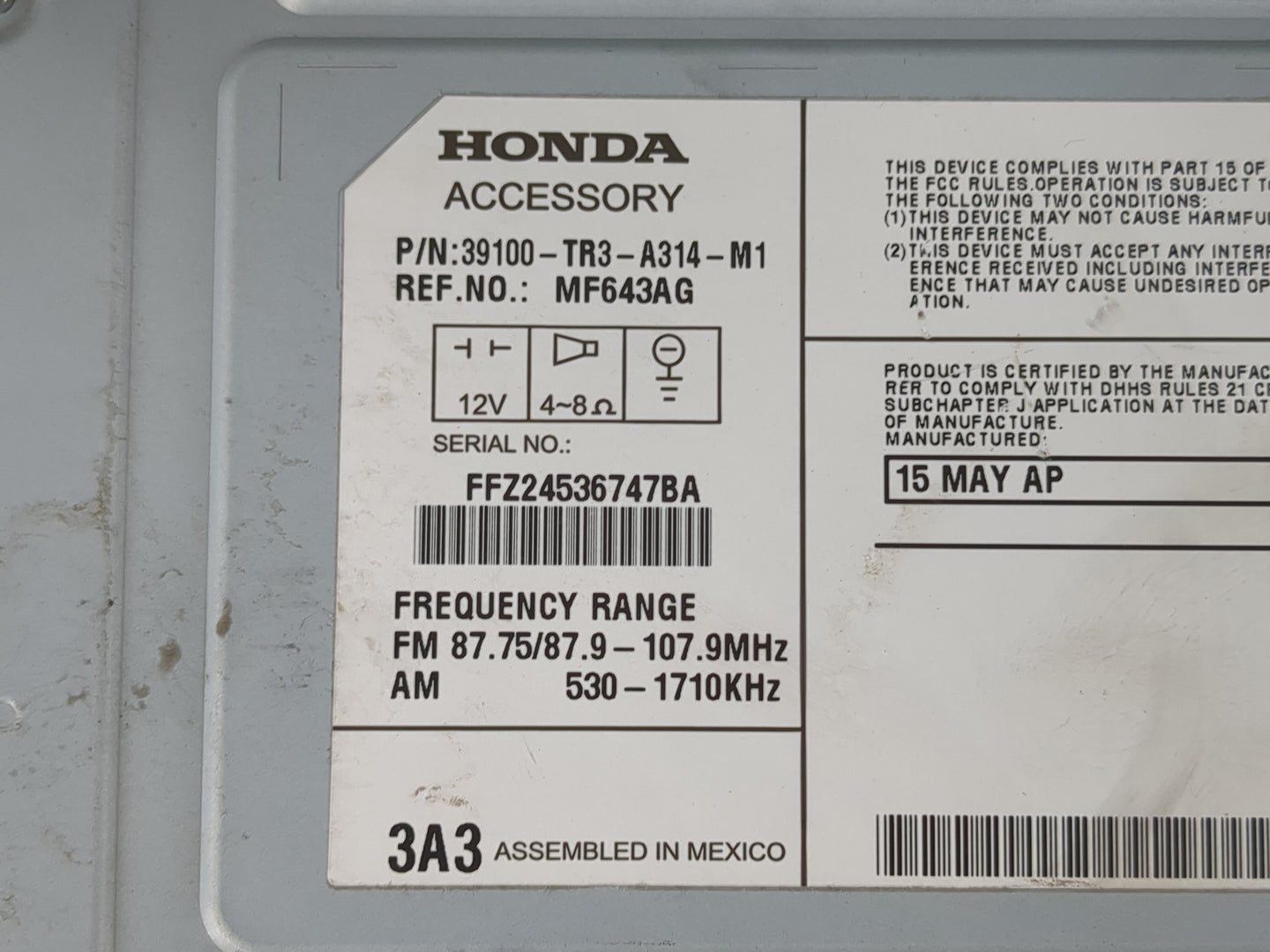 2014-2015 Honda Civic Radio AM FM Cd Player Receiver Replacement P/N:39100-TR3-A314-M1 Fits Fits 2014 2015 OEM Used Auto Par
