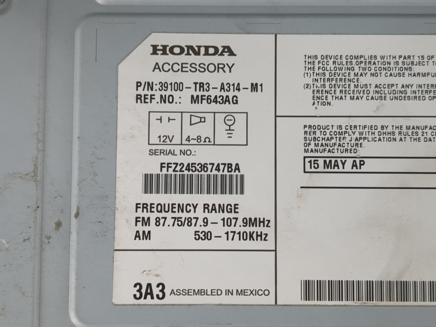 2014-2015 Honda Civic Radio AM FM Cd Player Receiver Replacement P/N:39100-TR3-A314-M1 Fits Fits 2014 2015 OEM Used Auto Par