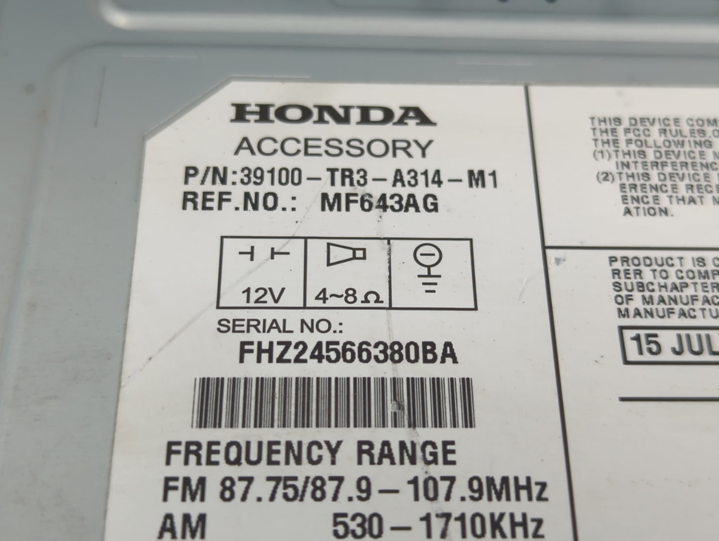 2014-2015 Honda Civic Radio AM FM Cd Player Receiver Replacement P/N:39100-TR3-A314-M1 Fits Fits 2014 2015 OEM Used Auto Par
