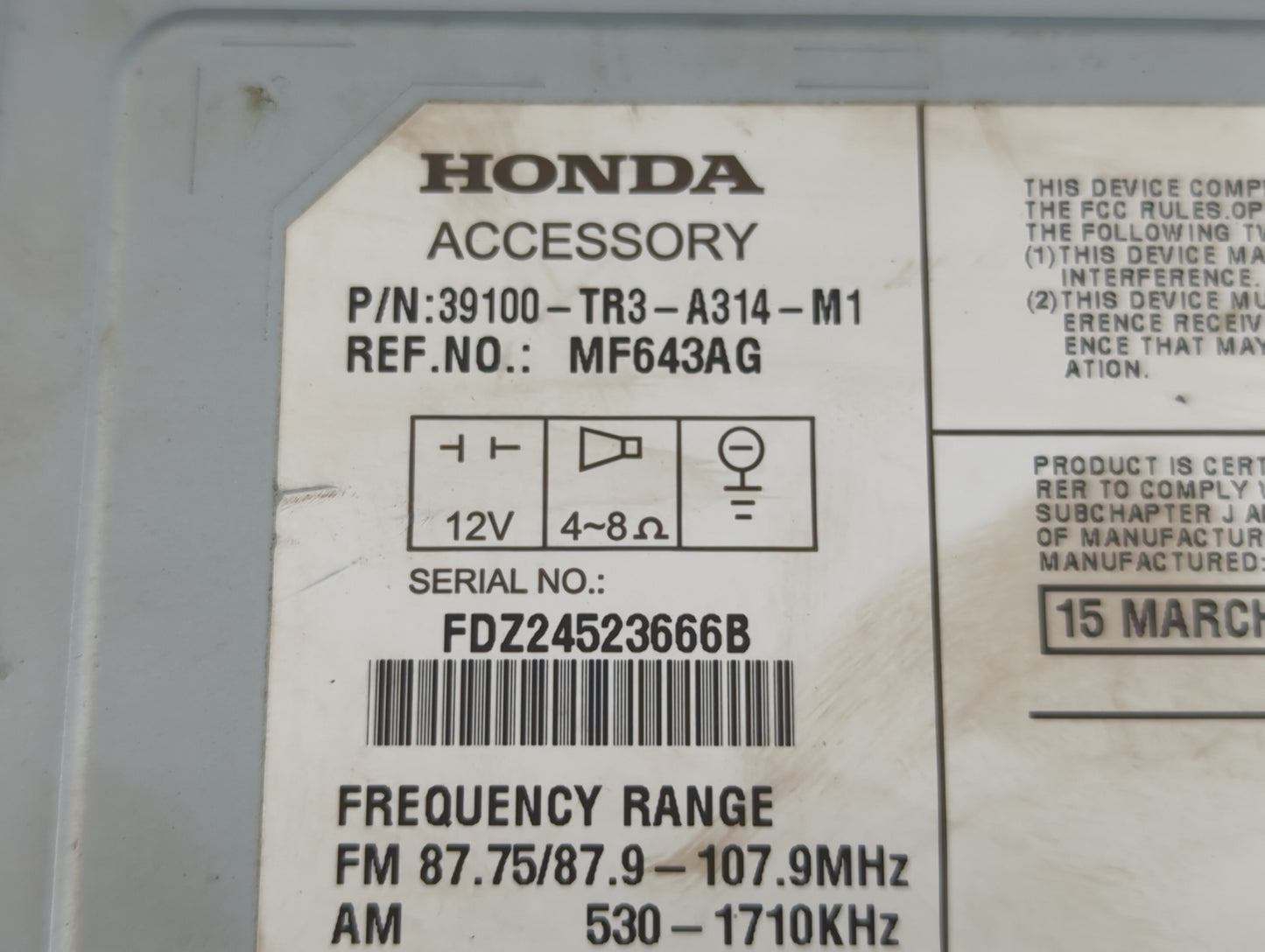 2013-2015 Honda Civic Radio AM FM Cd Player Receiver Replacement P/N:39100-TR3-A314-M1 Fits Fits 2013 2014 2015 OEM Used Aut