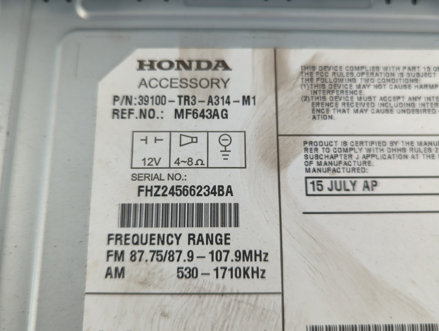 2015 Honda Civic Radio AM FM Cd Player Receiver Replacement P/N:39100-TR3-A314-M1 Fits OEM Used Auto Parts - Oemusedautopart