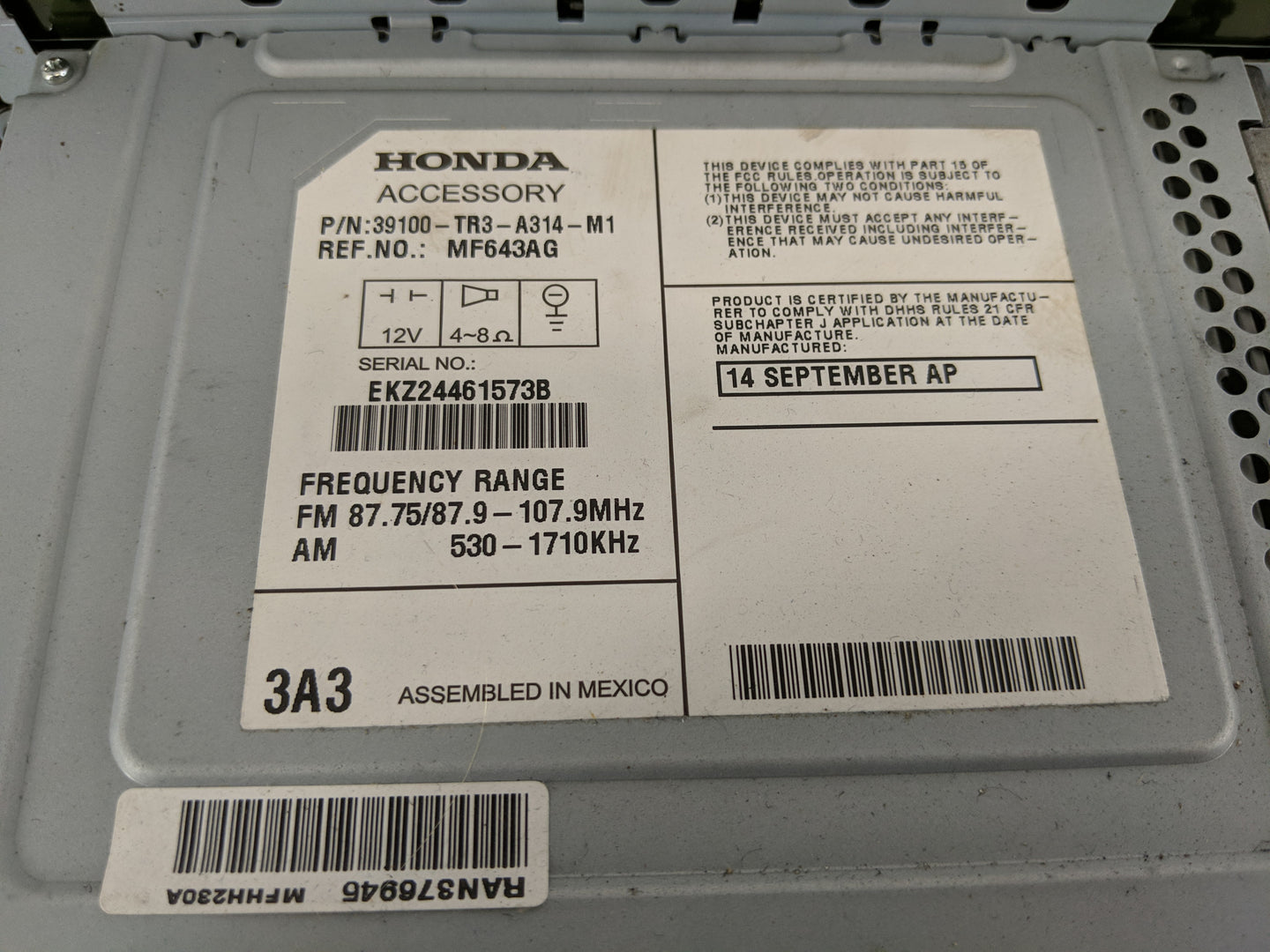 2013-2015 Honda Civic Radio AM FM Cd Player Receiver Replacement P/N:39100-TR3-A314-M1 Fits Fits 2013 2014 2015 OEM Used Aut