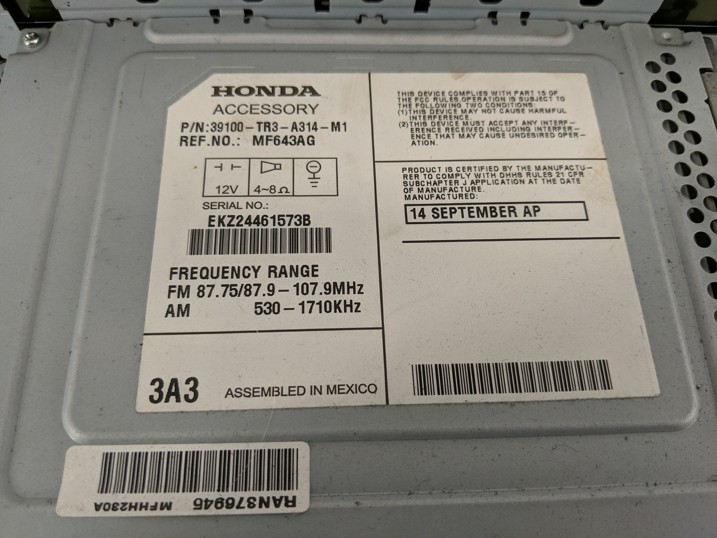 2013-2015 Honda Civic Radio AM FM Cd Player Receiver Replacement P/N:39100-TR3-A314-M1 Fits Fits 2013 2014 2015 OEM Used Aut