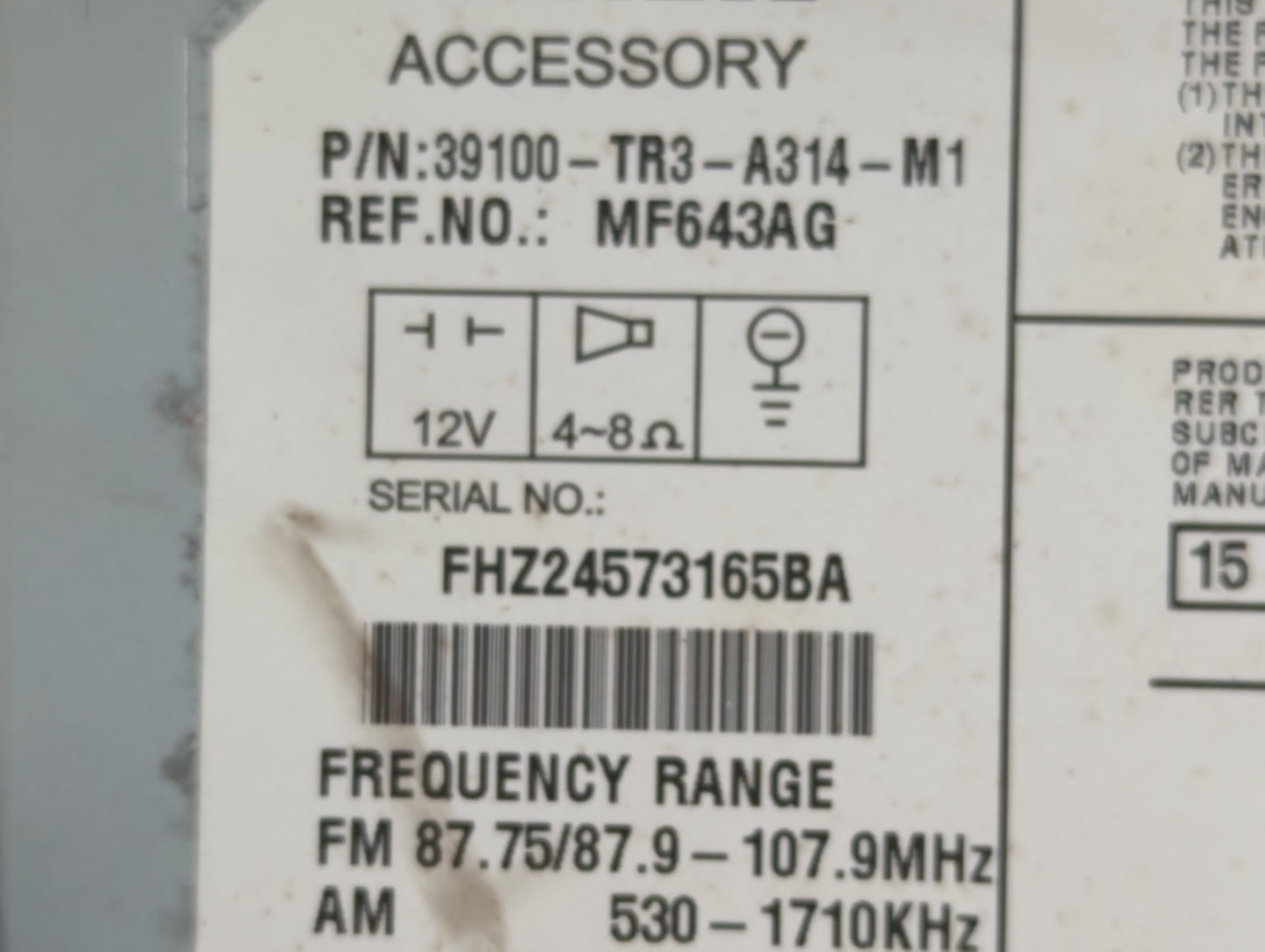 2013-2015 Honda Civic Radio AM FM Cd Player Receiver Replacement P/N:39100-TR3-A314-M1 Fits Fits 2013 2014 2015 OEM Used Aut