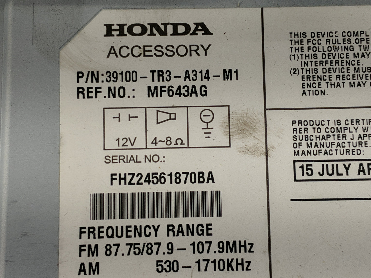 2013-2015 Honda Civic Radio AM FM Cd Player Receiver Replacement P/N:39100-TR3-A314-M1 Fits Fits 2013 2014 2015 OEM Used Aut