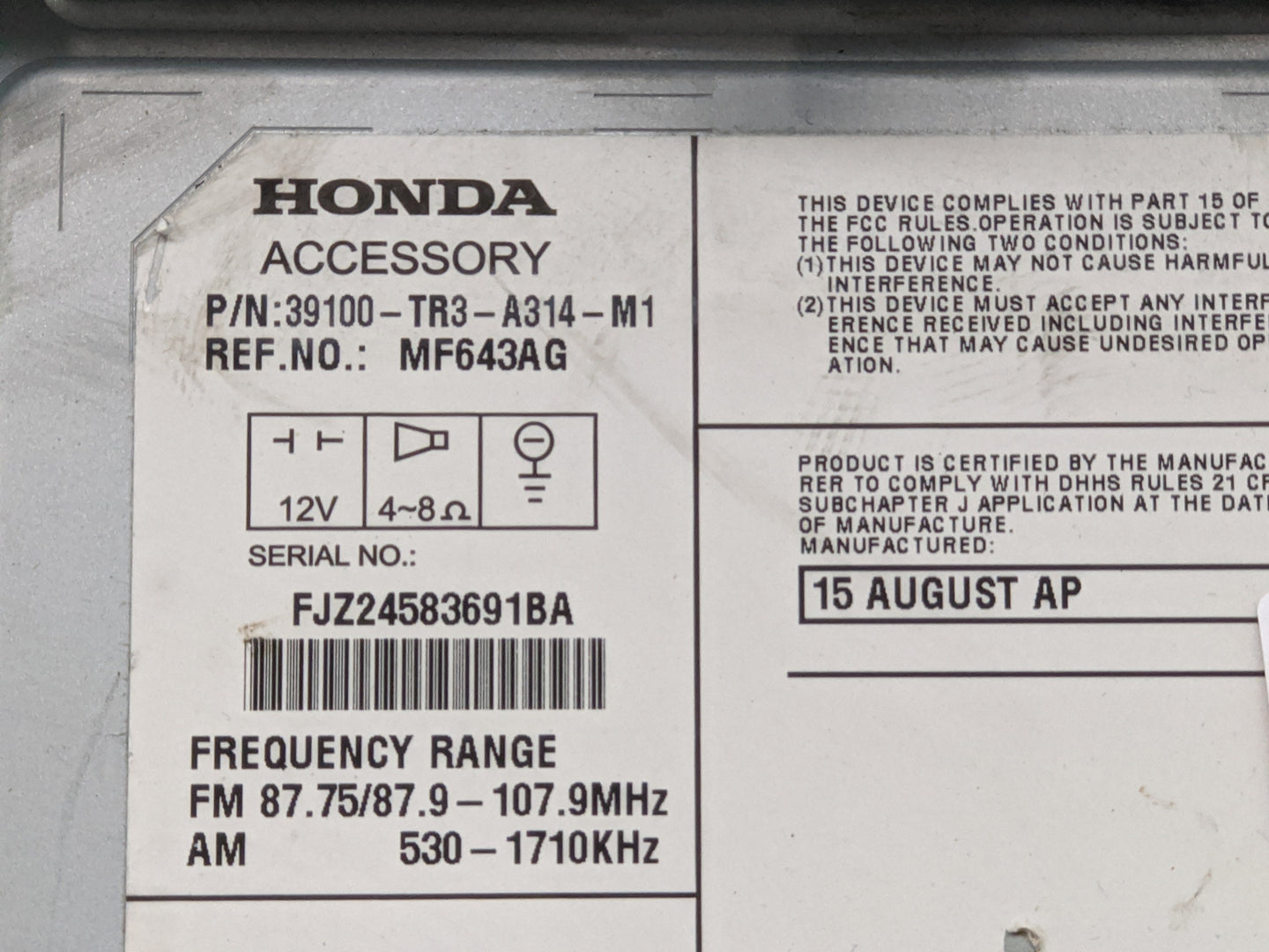 2013-2015 Honda Civic Radio AM FM Cd Player Receiver Replacement P/N:39100-TR3-A314-M1 Fits Fits 2013 2014 2015 OEM Used Aut